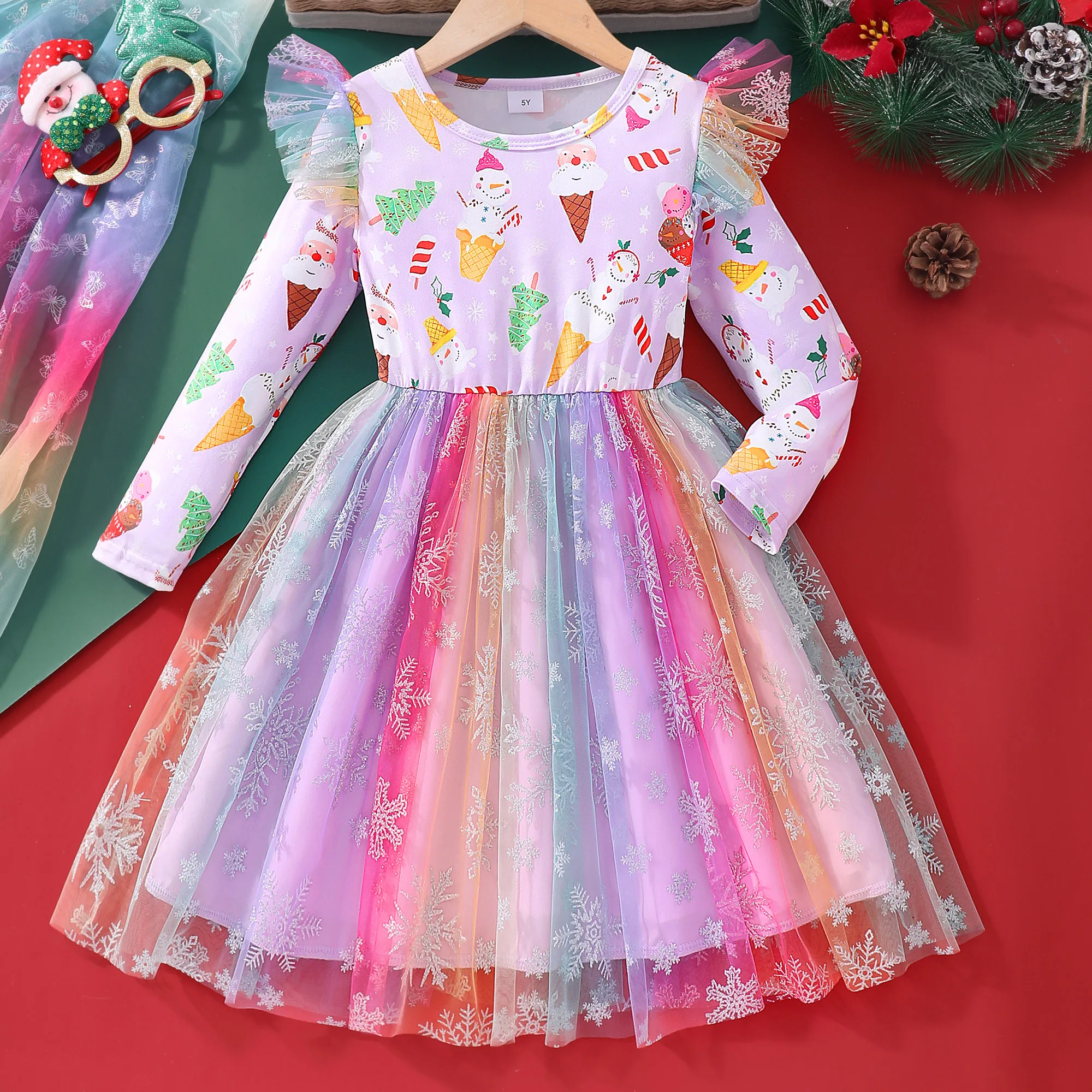 Vestido de malla de Navidad para niños y niñas, ropa de manga larga, traje de invierno para bebés, muñeco de nieve, Papá Noel, vestidos para niños de 2, 3, 4, 5, 6 y 7 años