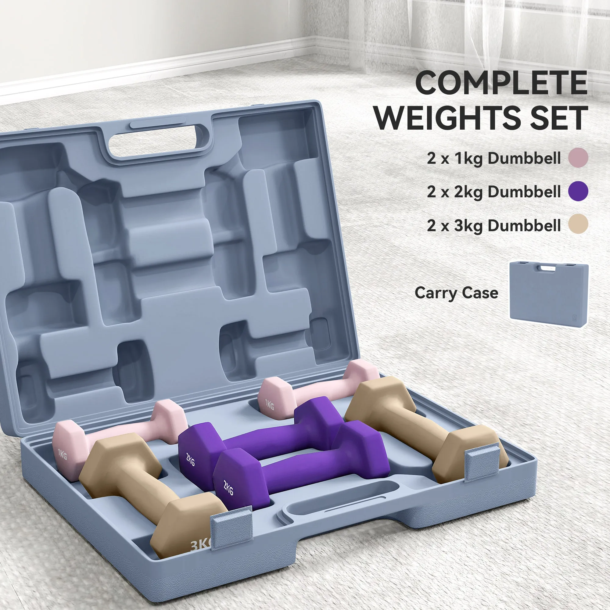 SPORTNOW Juego de Mancuernas de 6 Piezas 2 x1 kg 2 x2 kg 2 x3 kg Mancuernas Hexagonales con Revestimiento de Plástico Antideslizante y Estuche de Transporte para Ejercicio en Casa Gimnasio Multicolor - imagen 4