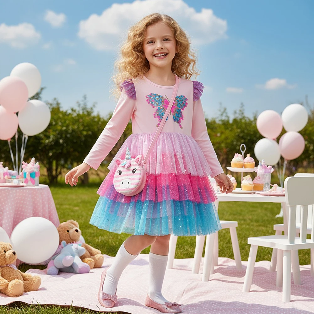 DXTON Vestido de fiesta niña lentejuelas mariposas – Elegante - imagen 2