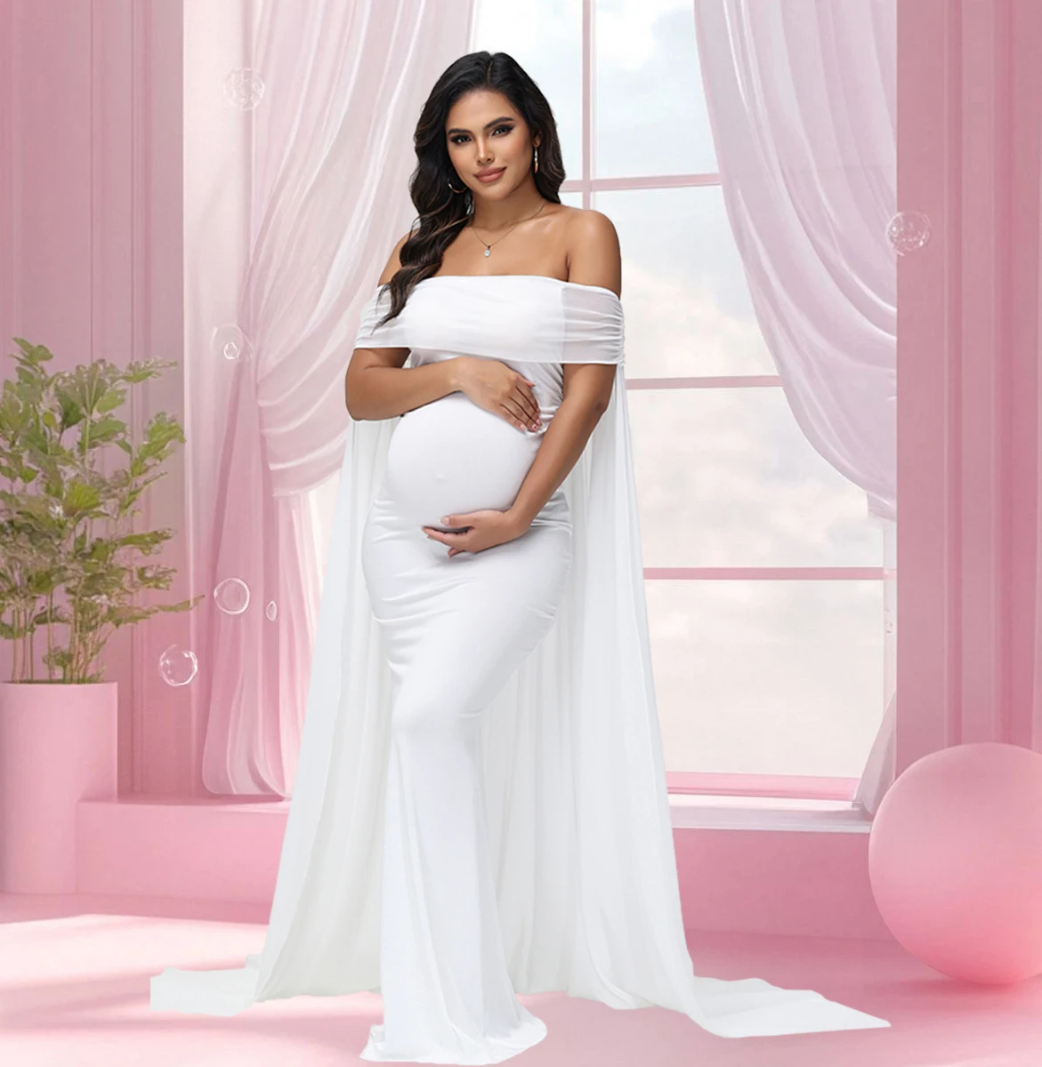 Vestido maxi de gasa para maternidad con hombros descubiertos - imagen 5