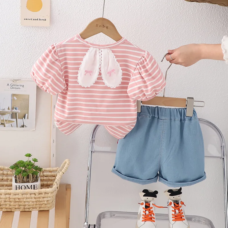 Nueva ropa de verano para bebés, traje para niños y niñas, camiseta, pantalones cortos, 2 unids/set, disfraz de algodón a rayas para niños, chándales para niños - imagen 4