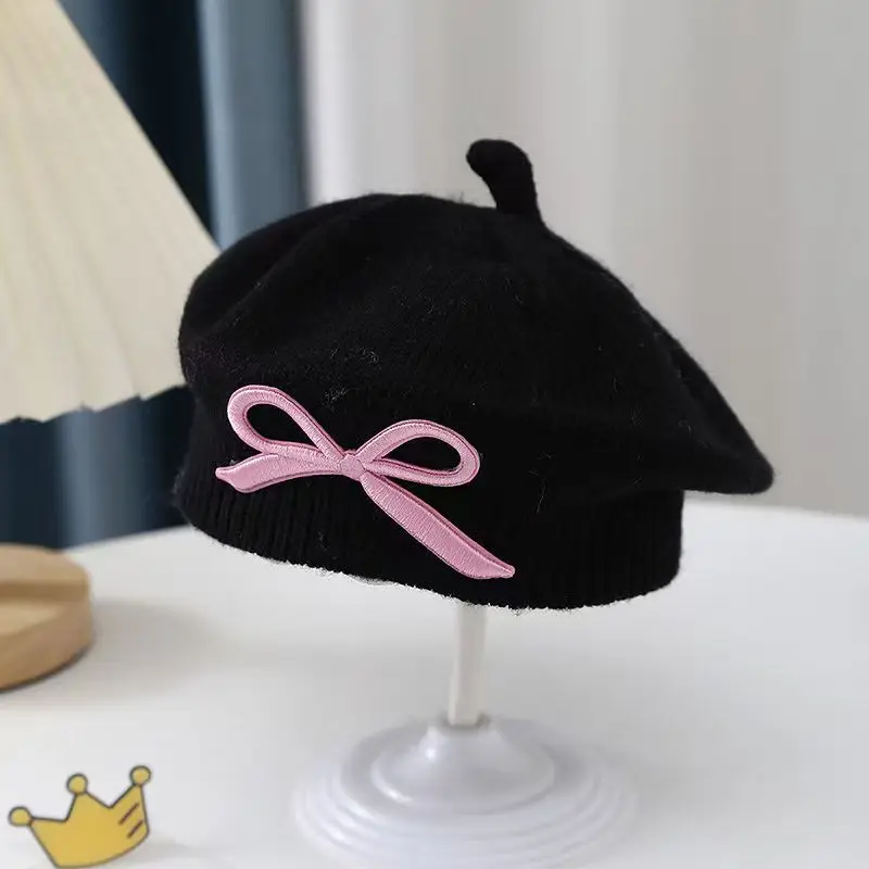 Elegante boina para niñas pequeñas para otoño e invierno: gorro de punto cálido a prueba de viento, lindo gorro de pintor para niñas.