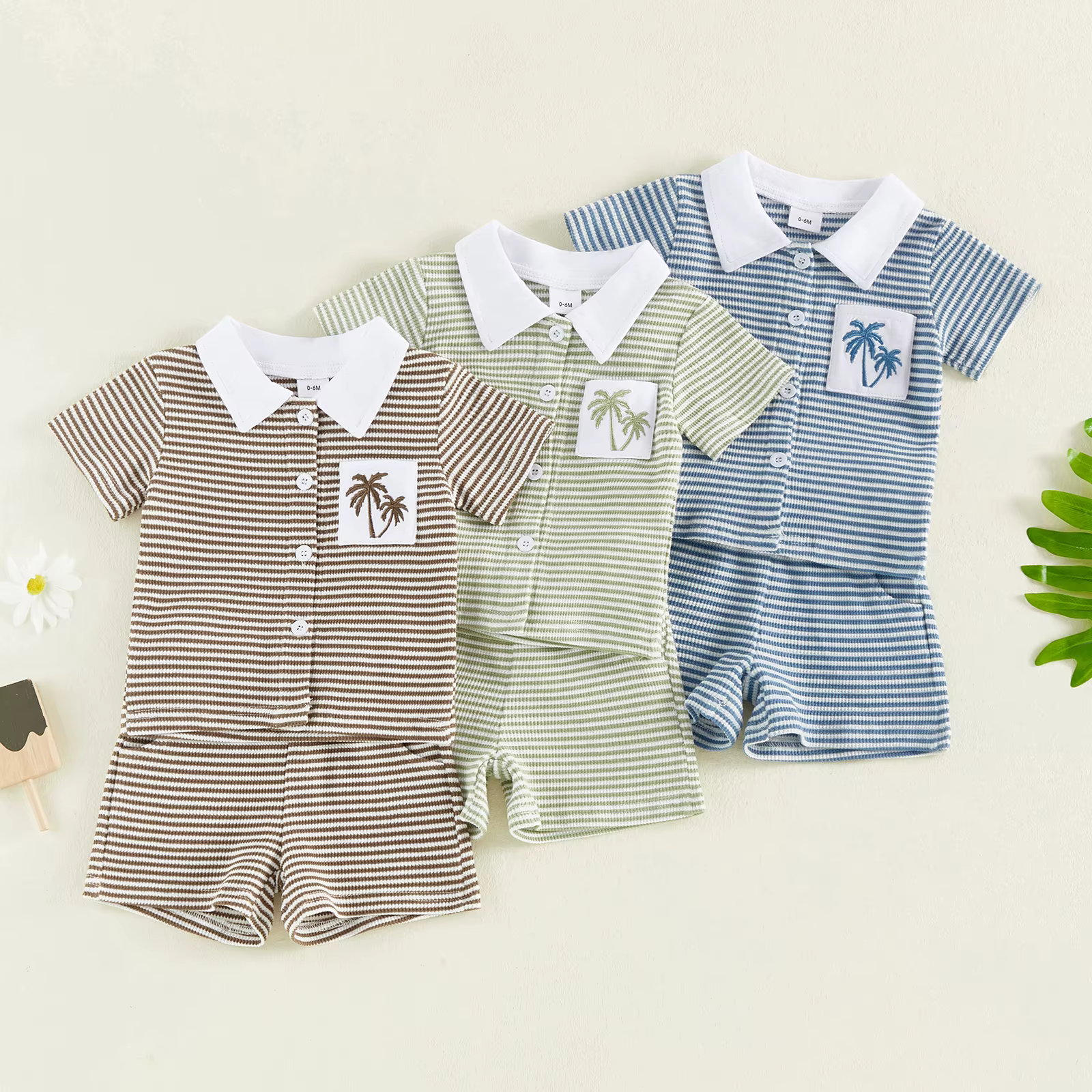 Conjunto verano bebé camiseta rayas bordado árbol y pantalón corto - imagen 4