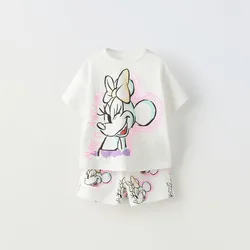Ropa de verano de Disney, trajes cortos de manga corta para niños y niñas, camiseta informal de moda, pantalones cortos sueltos, trajes bonitos de dos piezas para niños