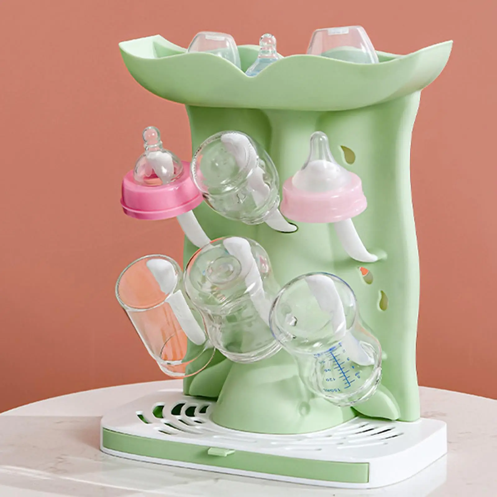 Baby Bottle Drying Rack 6 Hooks Countertop Easy to Clean Portable Multifunctional Nipple Holder Baby Accessories with Drip Tray