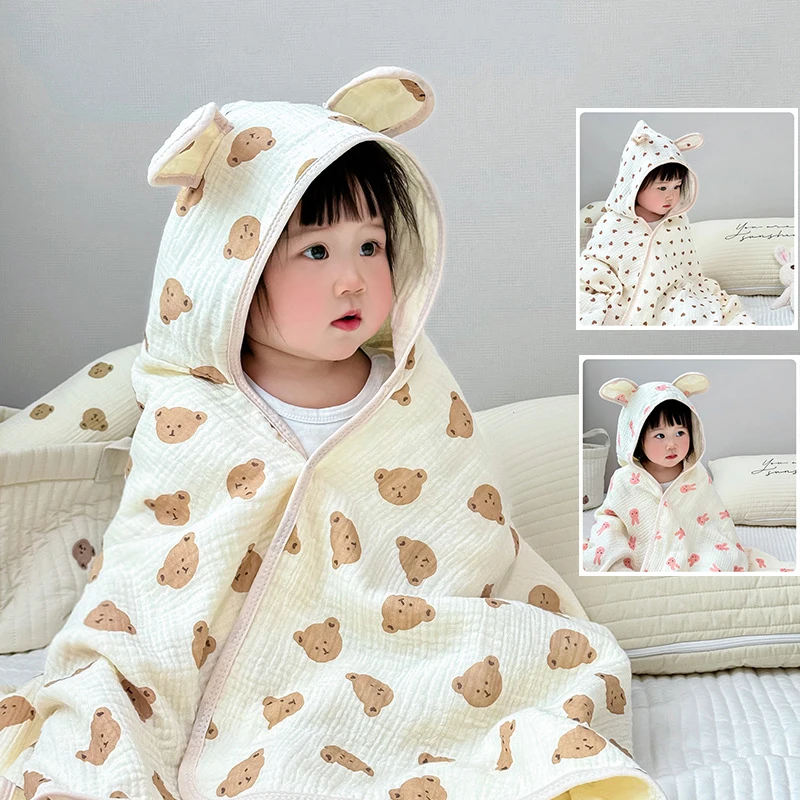 Toalla de baño para bebé, capa de algodón de gasa de 4 capas, toalla con sombrero, albornoz infantil con capucha de dibujos animados para las cuatro estaciones, Toalla de baño suave para niños pequeños