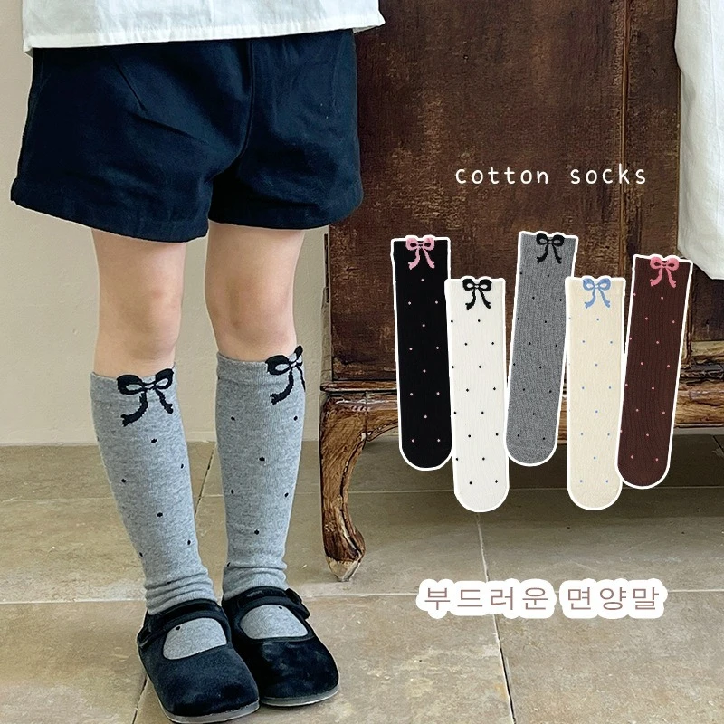Calcetines coreanos hasta la rodilla para niñas, calcetines holgados de mezcla de algodón con detalle de estampado de lazo para niños grandes, calcetines bonitos hasta la pantorrilla para primavera y otoño - imagen 2
