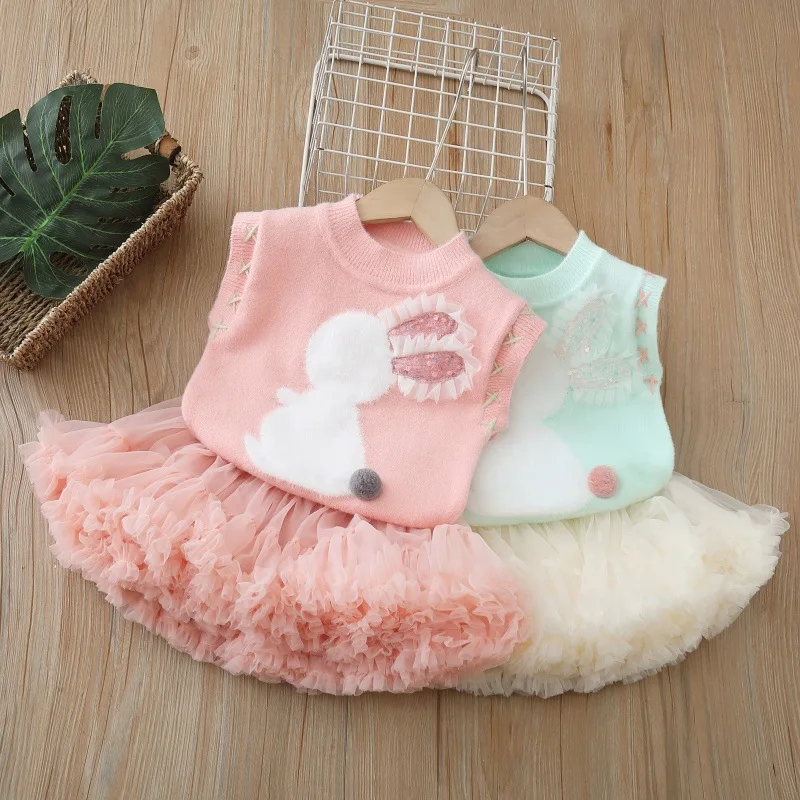 Conjunto de punto niña conejito – Chaleco y falda bailarina - imagen 5
