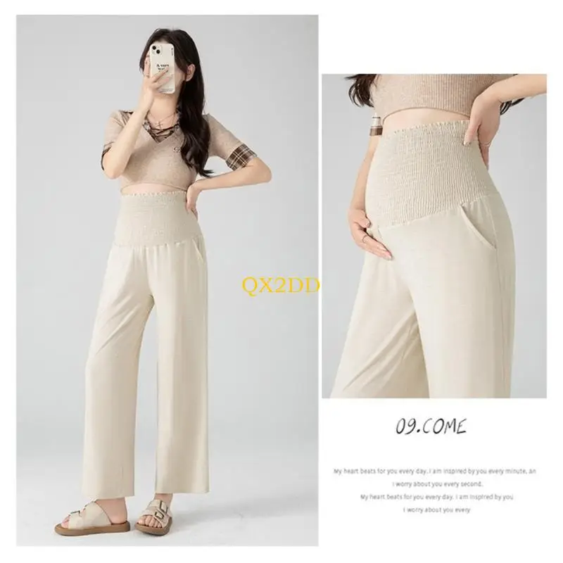 QX2D Pantalones maternidad fácil cuidado, pantalones anchos tela poliéster, pantalones cómodos para embarazo en - imagen 5