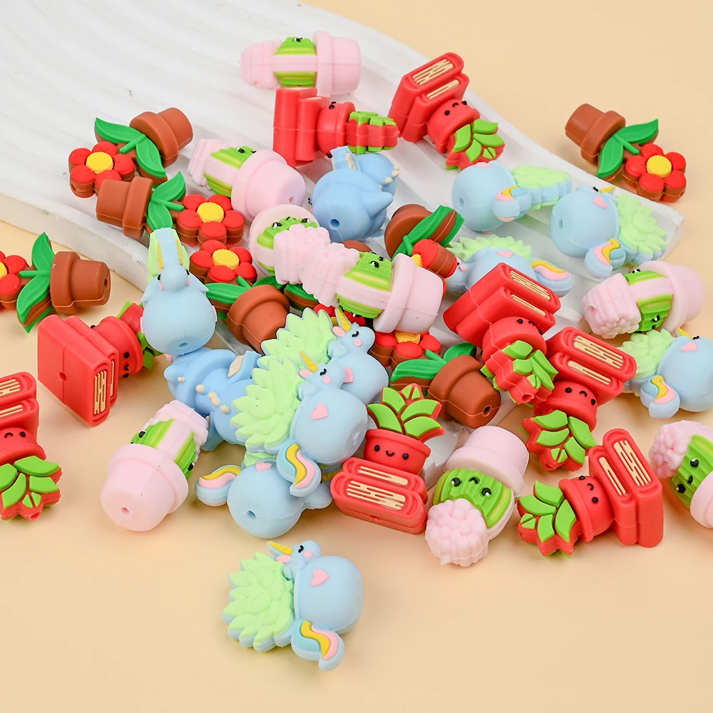 5 uds cadena de chupete cuentas de silicona cuentas en forma de planta y Animal en maceta, accesorios de cadena de bebé de calidad alimentaria para juguetes de chupete DIY - imagen 2