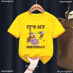 2025 It's My 6th/7th Birthday Curious George Camiseta estampada niñas/niños regalo de feliz cumpleaños fiesta niños ropa mono camiseta