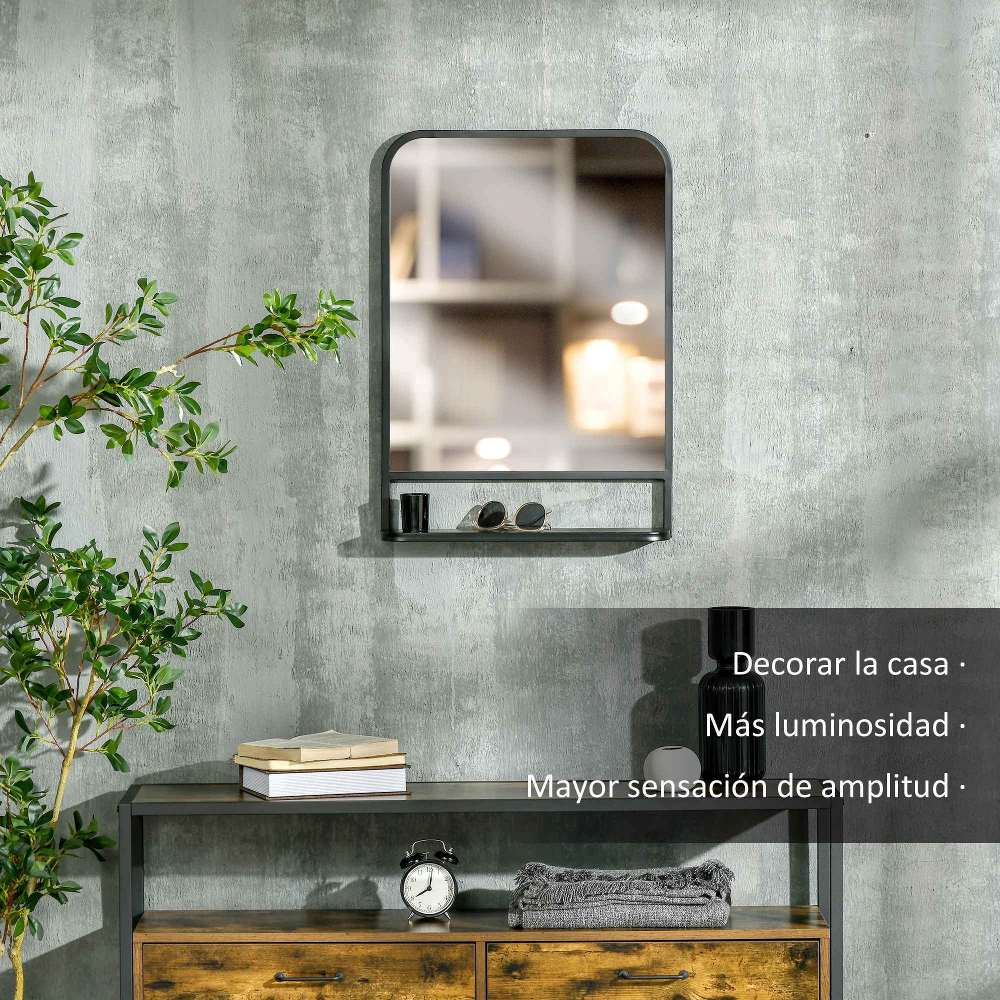 HOMCOM Espejo Decorativo de Pared 50x70 cm Espejo Rectangular de Metal con Estante de Almacenamiento para Salón Dormitorio Entrada Estilo Moderno Negro - imagen 4