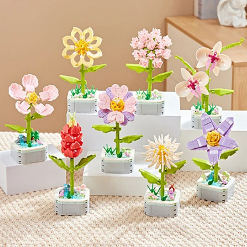 Bloques de construcción de plantas en maceta para niños, ramo de Azalea de melocotón, adornos creativos de decoración de escritorio, Juguetes DIY, regalos de vacaciones - imagen 2