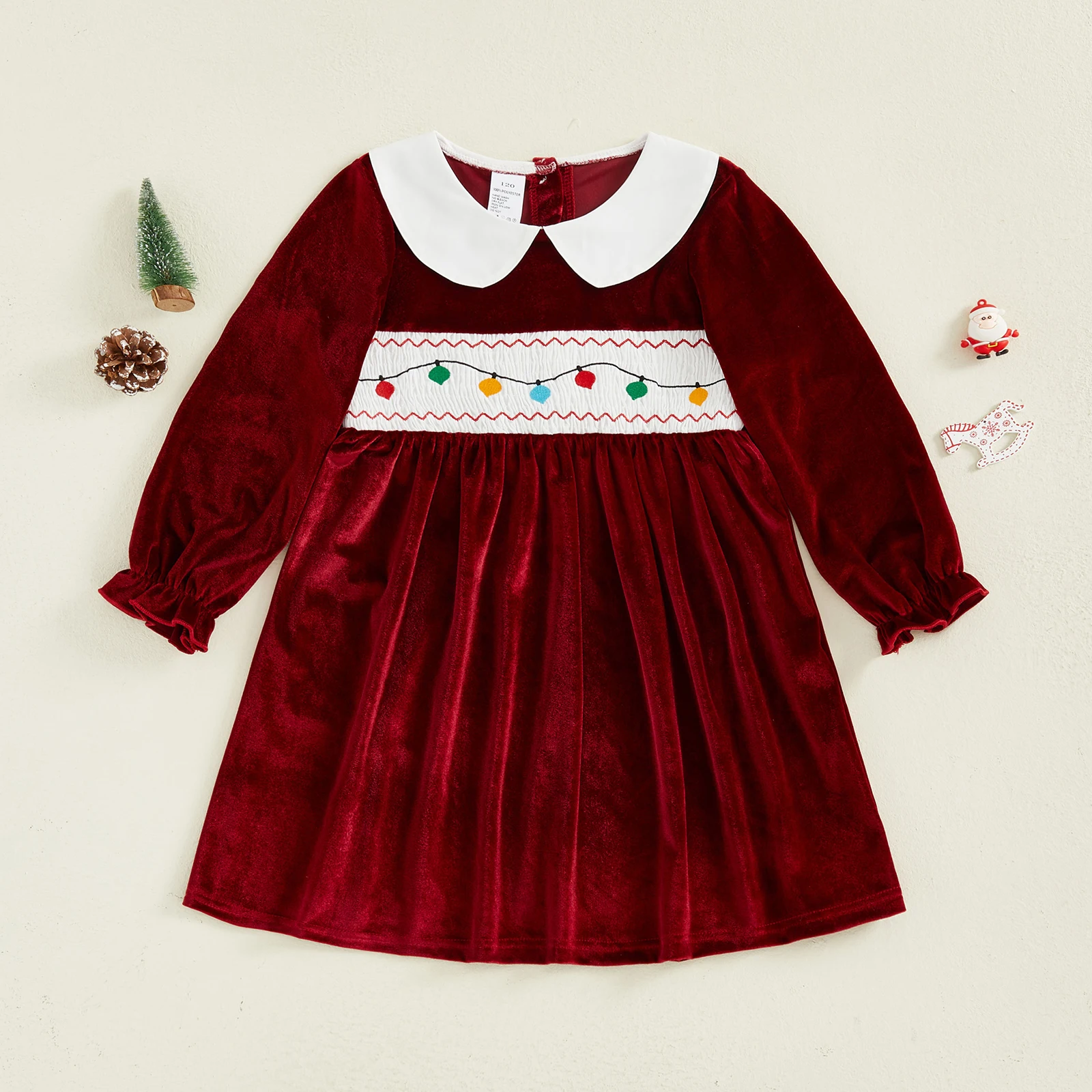 Tregren Vestido navideño de terciopelo para niña 2-7 años bordado