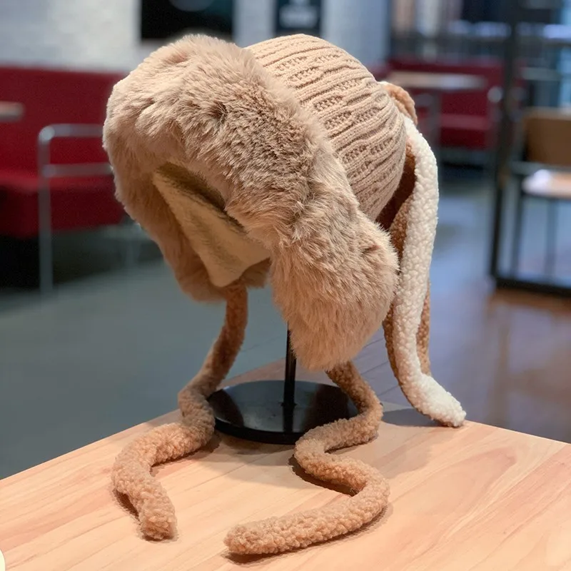 Gorro cálido y bonito para niños y niñas, gorro con protección para los oídos de conejo de dibujos animados Kawaii, gorro para la cabeza para niños pequeños, gorro frío de invierno peludo suave, 1 unidad - imagen 2