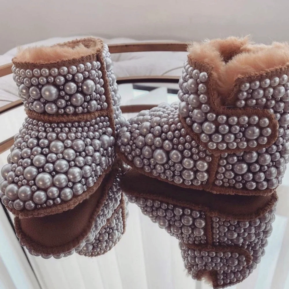 Dollbling Mommy Daugther Baby botas de perlas personalizadas hechas a mano, piel de lujo infantil, cuentas de marfil, botas de invierno ostentosas - imagen 5