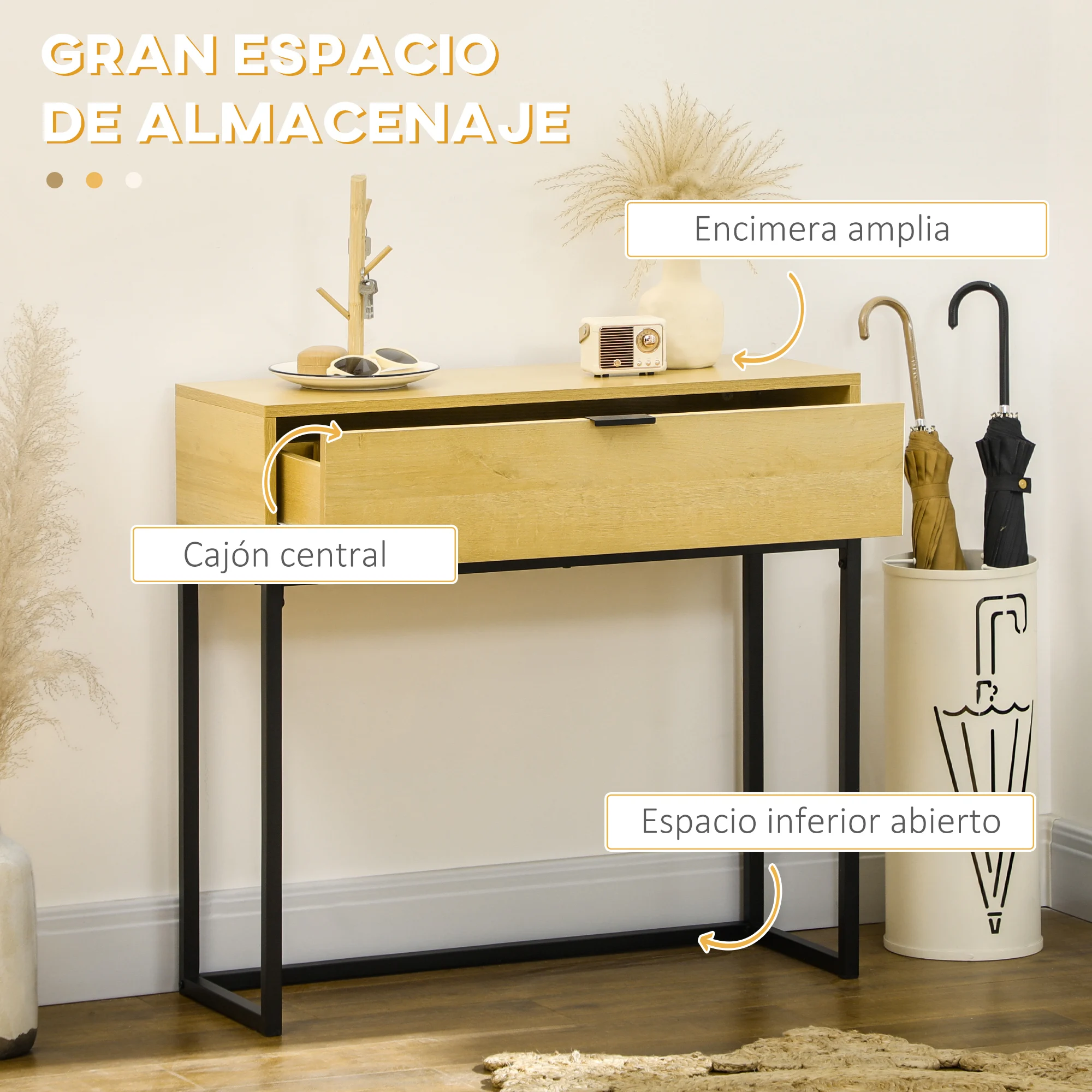 HOMCOM Mesa Consola con Cajón Consola Auxiliar Moderna Mesa de Entrada con Patas de Acero para Pasillo Salón Dormitorio 80x30x76 cm Natural - imagen 5