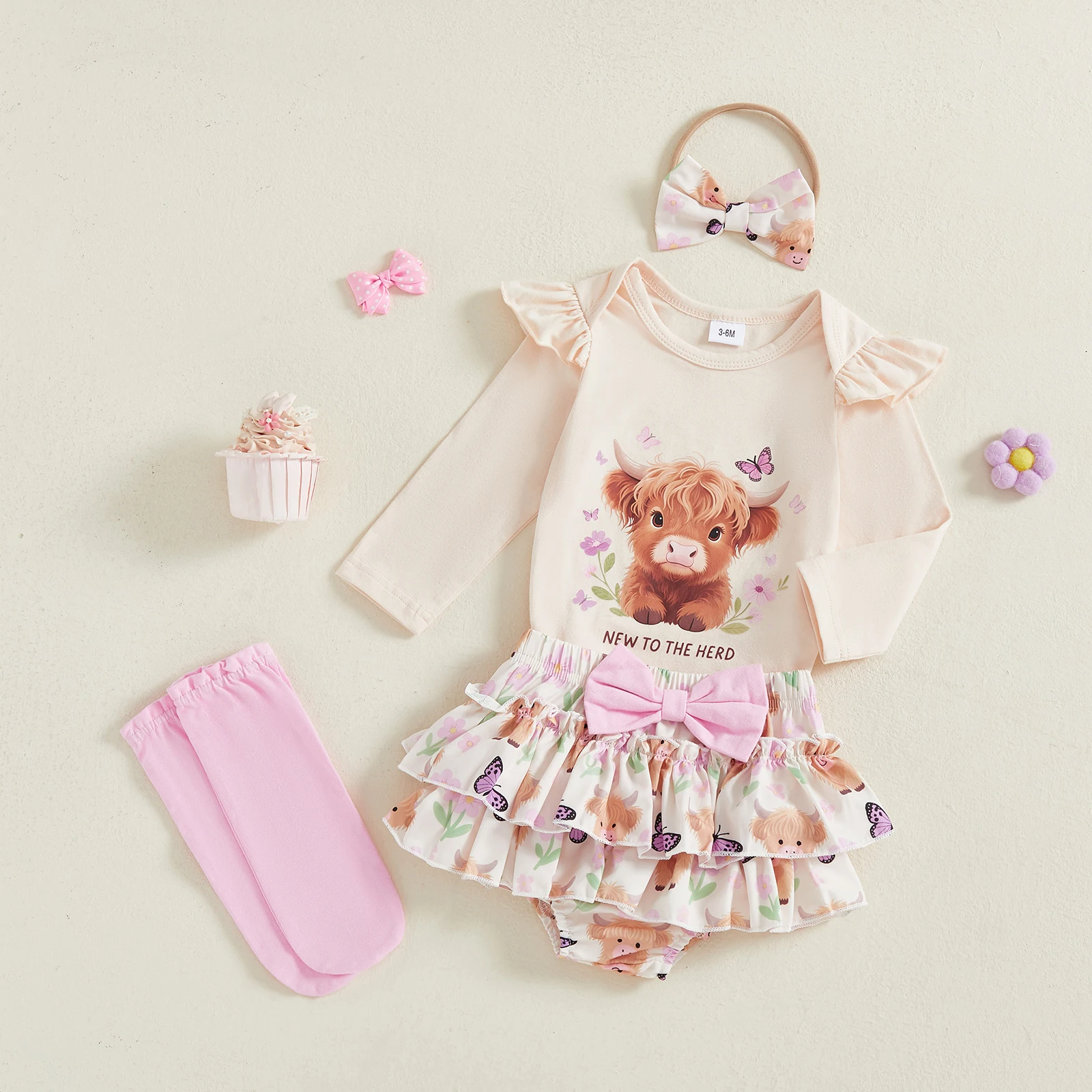 Suefunskry Conjunto de mameluco de manga larga con estampado de ganado de las tierras altas para niña, minifalda con volantes en capas, medias y diadema con lazo
