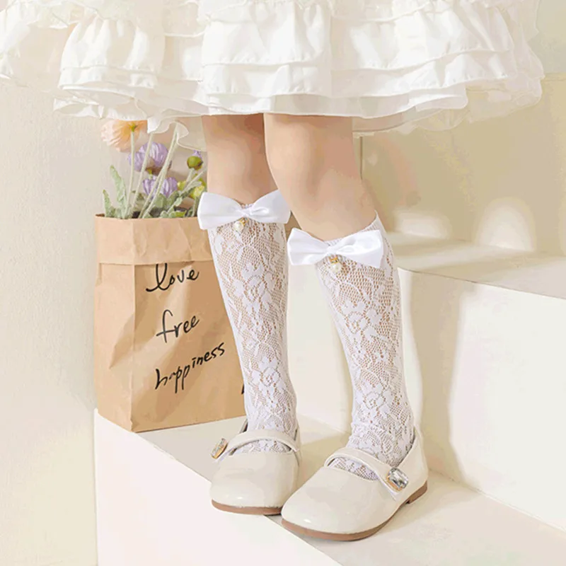 1 par de medias bonitas de encaje de malla con lazo para niñas, calcetines finos hasta la rodilla de verano para niñas Lolita - imagen 5