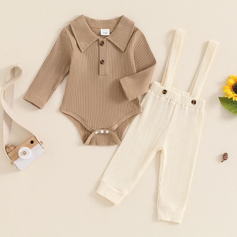 SUNSIOM-peleles de manga larga para bebés de 0 a 18 meses, conjunto de ropa de 2 piezas con cuello vuelto, pantalones con tirantes, Color sólido, otoño - imagen 2