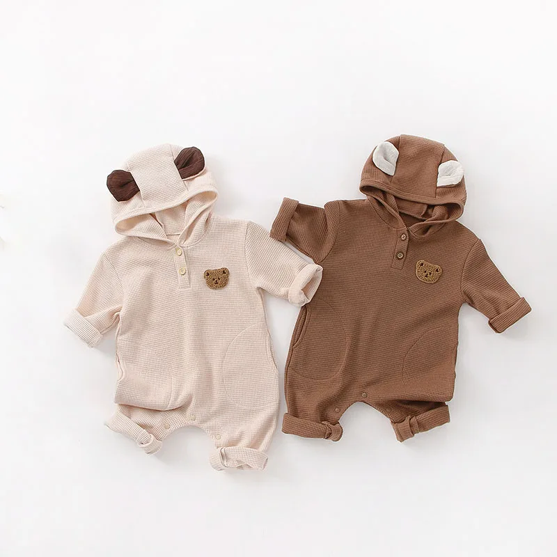 MILANCEL New Autumn Baby Rompers 3-24M Cute Bear Waffle Toddler Boys Jumpsuit Thin Loose Korean Infant Hooded Clothes
