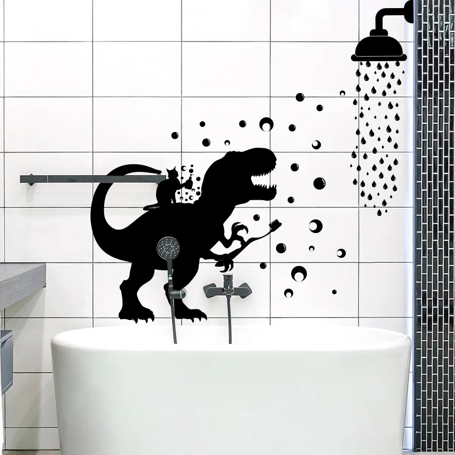 Ducha Tyrannosaurus rex pegatina de pared autoadhesiva negra, pegatina decorativa para el baño, impermeable y a prueba de humedad