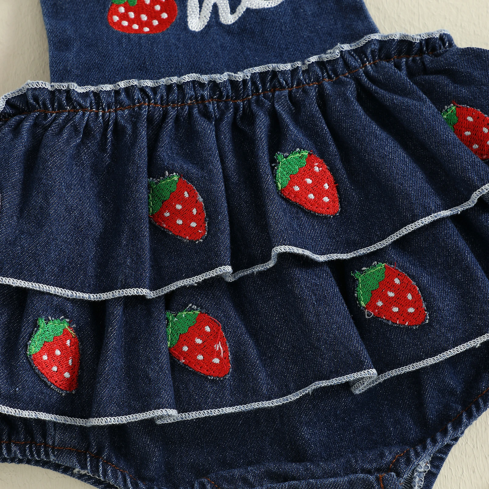 Mono de cumpleaños de mezclilla para niña de 0 a 18 meses, peleles escalonados con bordado de fresa sin mangas - imagen 5