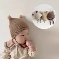 Nuevo Gorro coreano con protección para los oídos, gorro tejido cálido para invierno de 2 a 24 meses para niños pequeños, gorro infantil de ganchillo de lana con doble bola