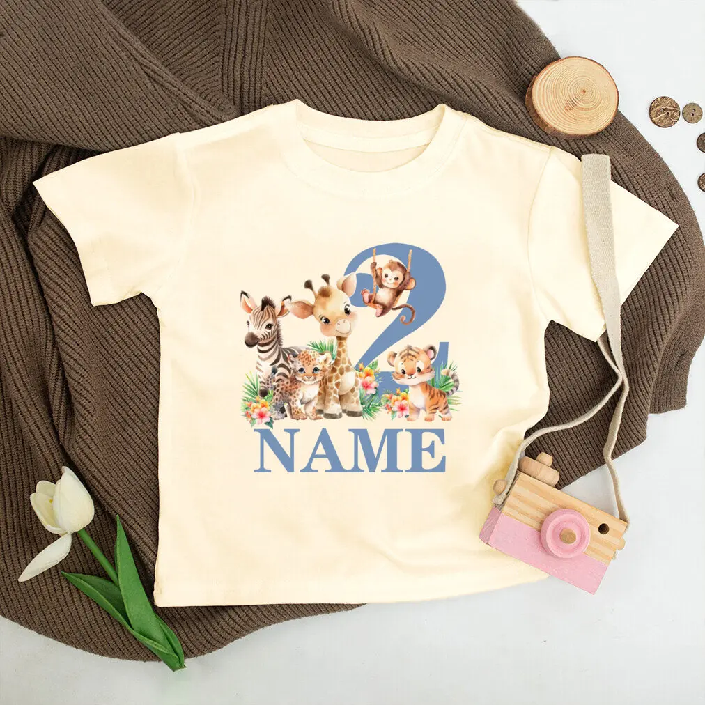 Camiseta de cumpleaños personalizada para niños y niñas de 1 a 5 años, camisa de fiesta de la jungla, camiseta salvaje, traje de Animal con nombre, ropa Retro para niños - imagen 5
