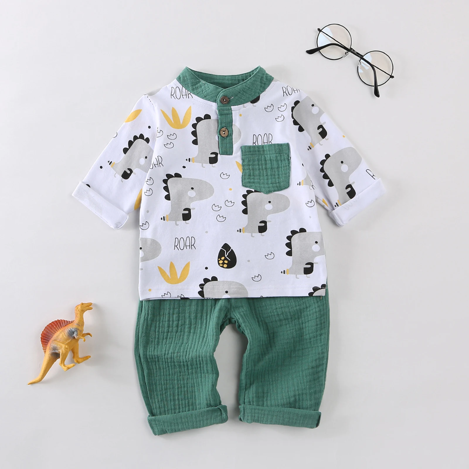 Conjunto de otoño para bebés de 0 a 4 años, Tops con estampado de dinosaurio de manga larga a la moda y pantalones de Color sólido, trajes de 2 uds. - imagen 4