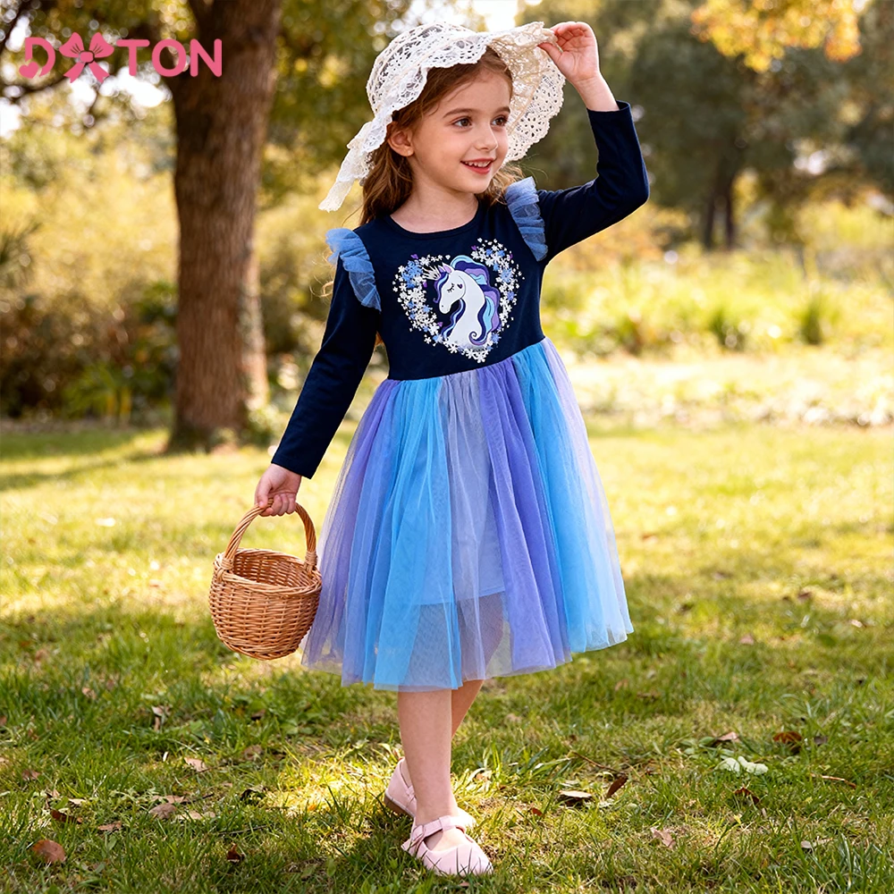 DXTON Vestido unicornio para niña – Diseño princesa con malla y corazones - imagen 4