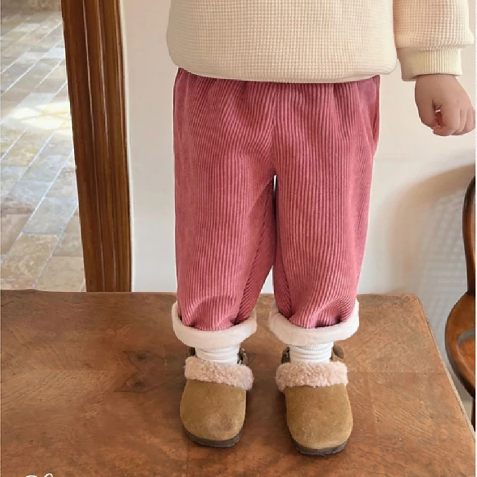 Pantalones de pana para bebés y niños, pantalones informales de pierna recta cálidos térmicos con forro polar para invierno, ropa para niños y niñas - imagen 2