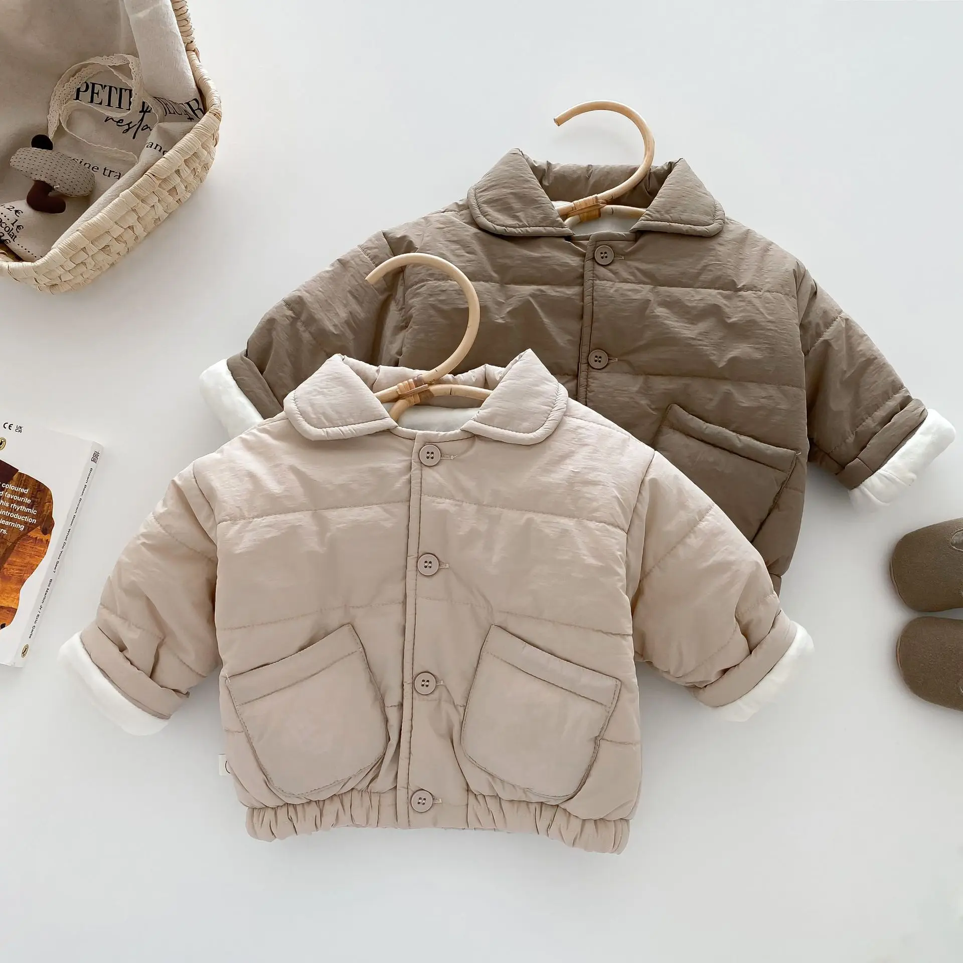 Milangel-Chaqueta de algodón de Color liso para Bebé y Niño, prendas de vestir con bolsillo Simple, abrigo cálido con forro de piel, ropa de invierno para niñas de 0 a 5 años