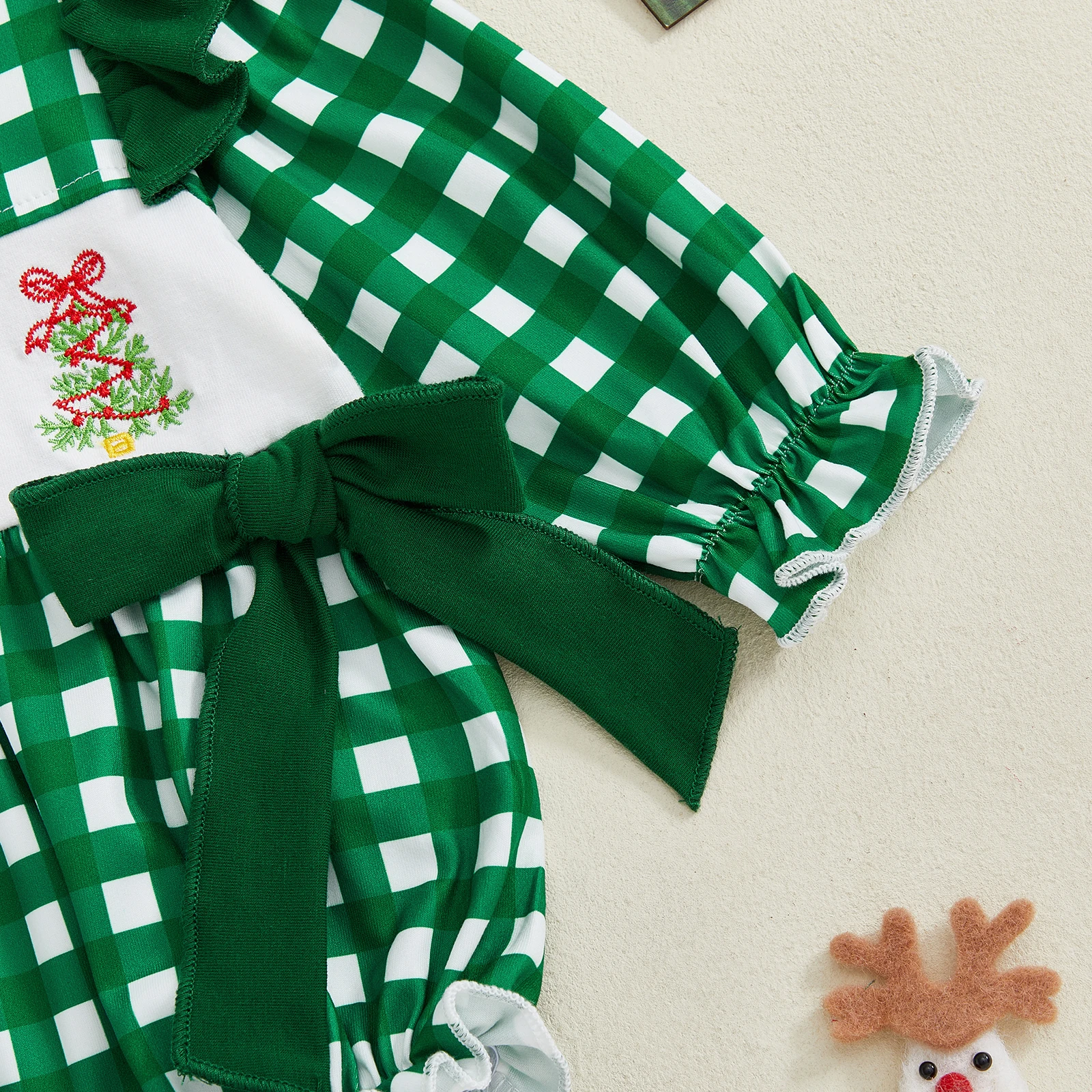 Mono navideño para niña de 0 a 24 meses, peleles con lazo y cuello redondo de manga larga con bordado de árbol y estampado a cuadros - imagen 5