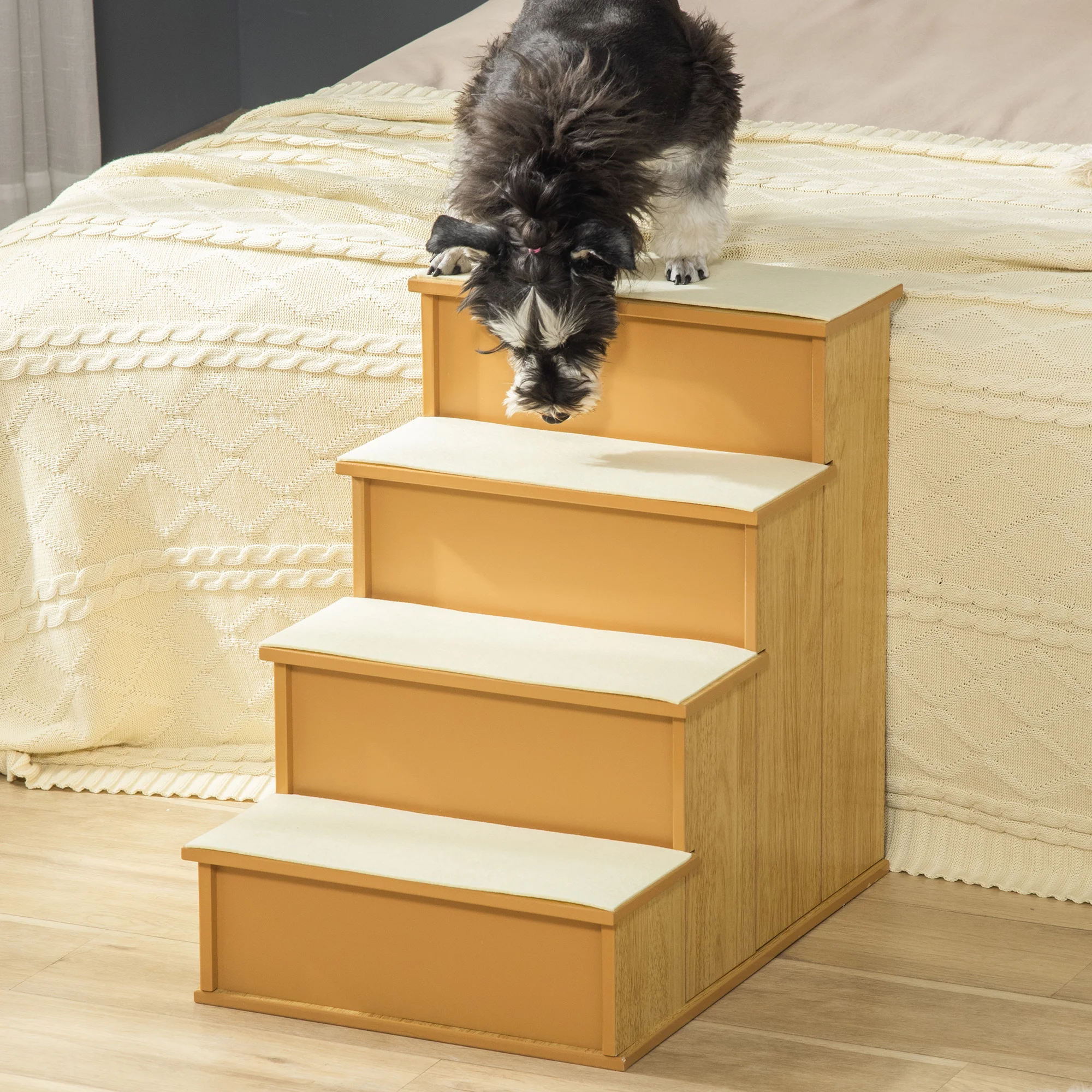 PawHut Escalera para Perros de 4 Peldaños Escalera para Mascotas Escalones para Perros Gatos con Acolchados Desmontables Carga 30 kg para Cama Sofá 40x59x54,2 cm Natural y Crema - imagen 2