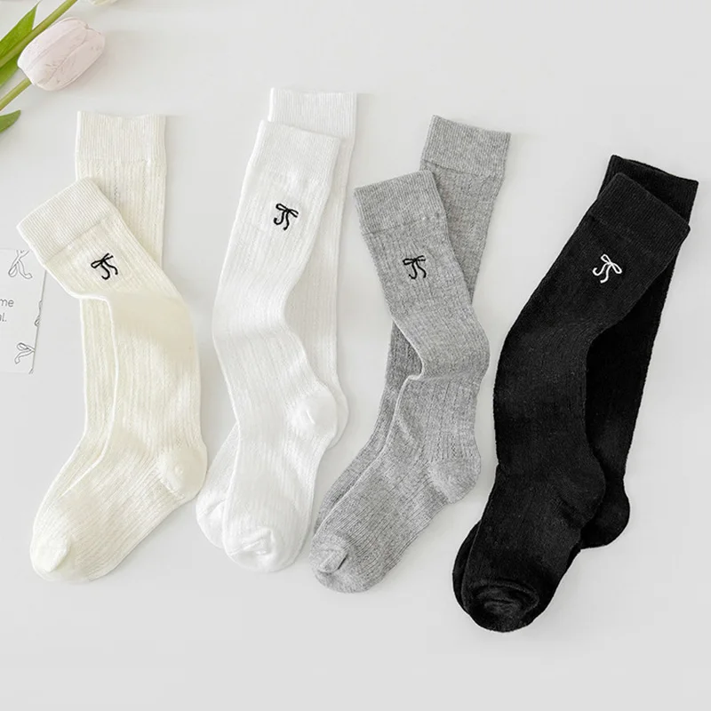 Medias con lazo para niñas, calcetines bordados transpirables de malla de Color sólido, calcetines suaves tejidos con lazo para primavera y verano para niños - imagen 4