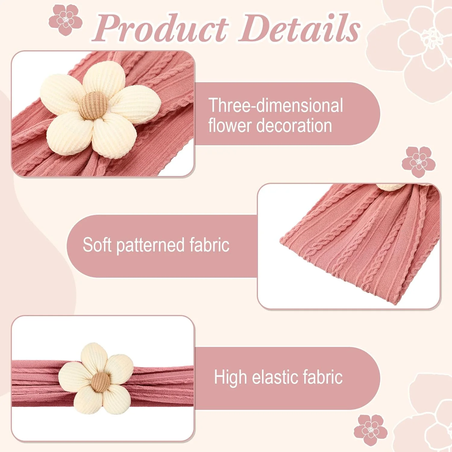 Conjunto de diadema para bebé de 3 uds., Cables de punto, turbante ancho, diadema de nailon elástico suave, accesorios para el cabello para recién nacidos y niños pequeños con flores - imagen 5