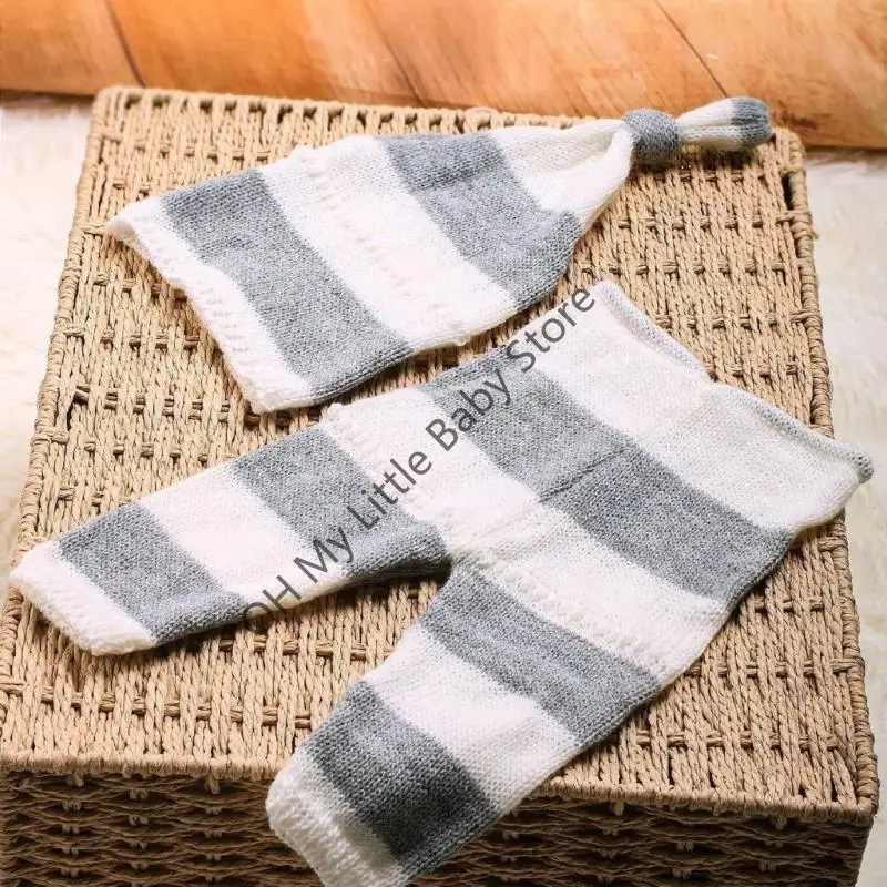 M76C Pantalones recién nacidos con rayas punto Juego sombrero cola largo - imagen 2