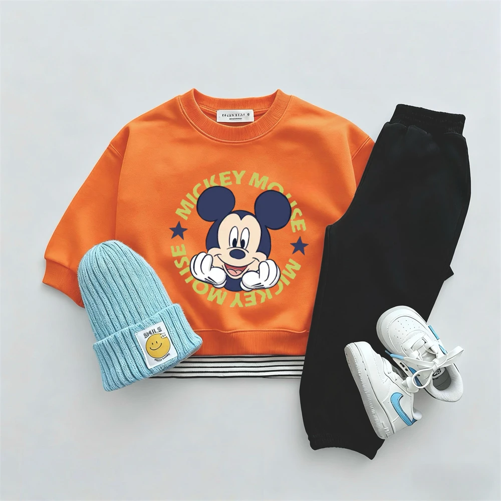 Conjuntos de manga larga para niños, ropa de otoño de Disney 2025, sudaderas de dibujos animados, pantalones de chándal negros, sudaderas con capucha encantadoras para niños, ropa de cuello redondo - imagen 4
