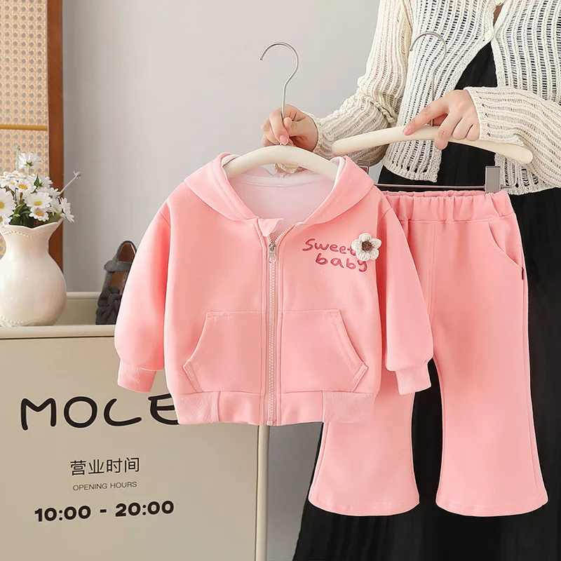 Nueva ropa de primavera y otoño para niñas, chaqueta con capucha de manga larga para niños, pantalones, 2 unids/set, ropa infantil de moda, chándales para niños