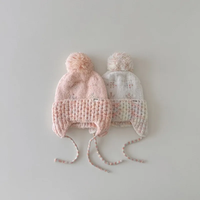 Gorro de invierno coreano para niños con pompón, gorro tejido a prueba de viento con orejeras para bebé, gorro cálido para medias de bebé para niñas pequeñas - imagen 3