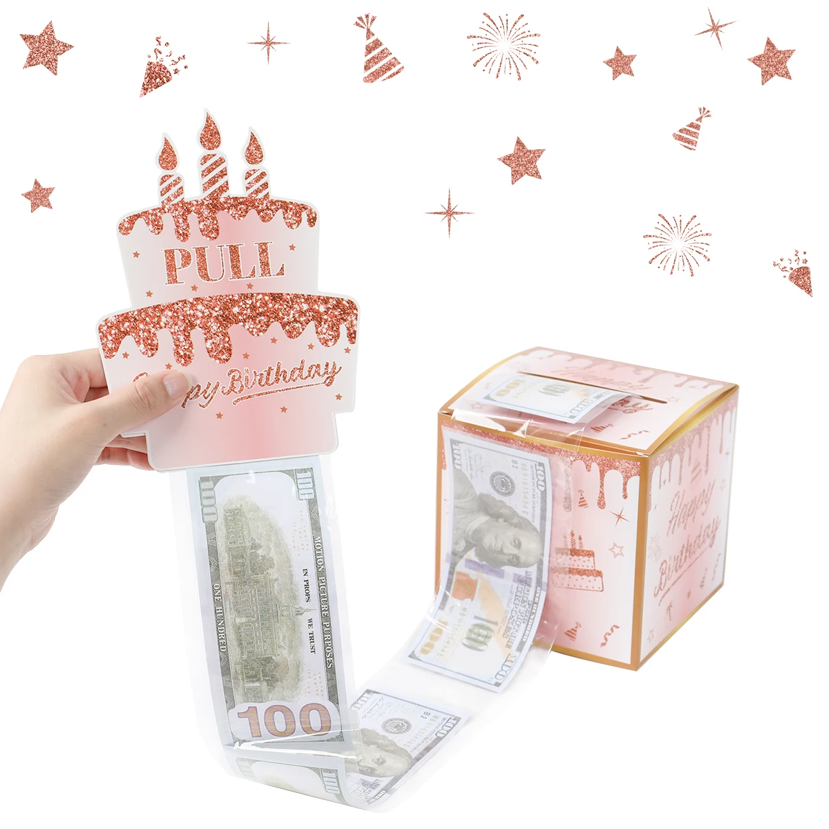 Caja de regalo de efectivo de cumpleaños de oro negro, caja de regalo de efectivo de feliz cumpleaños, Clip de dinero de oro rosa, suministros de fiesta de cumpleaños sorpresa