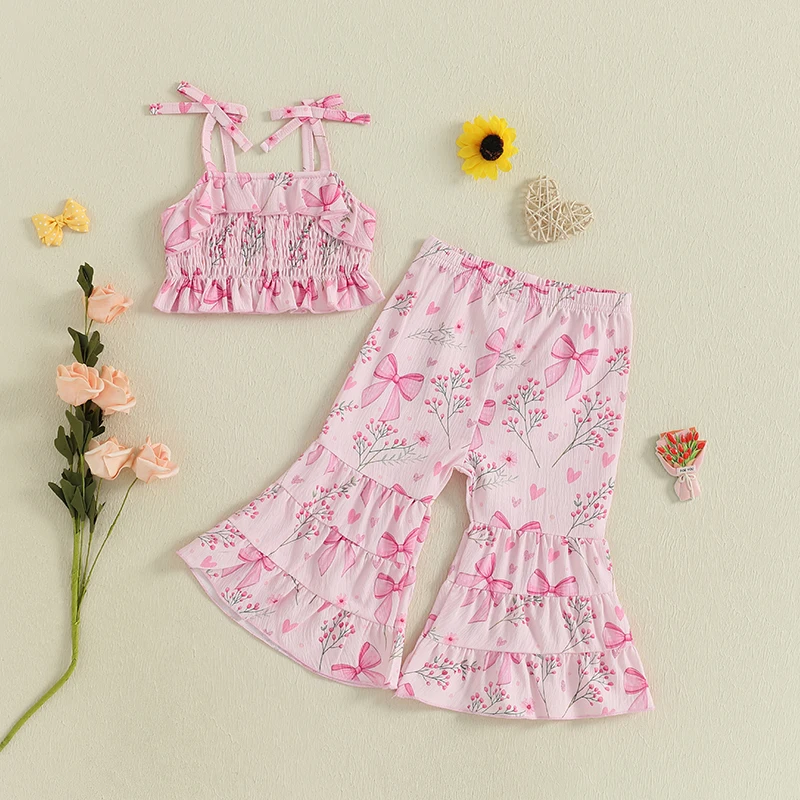 Conjunto de 2 piezas de ropa de verano para niña pequeña con estampado de girasol/cereza y tirantes finos con volantes y parte inferior acampanada