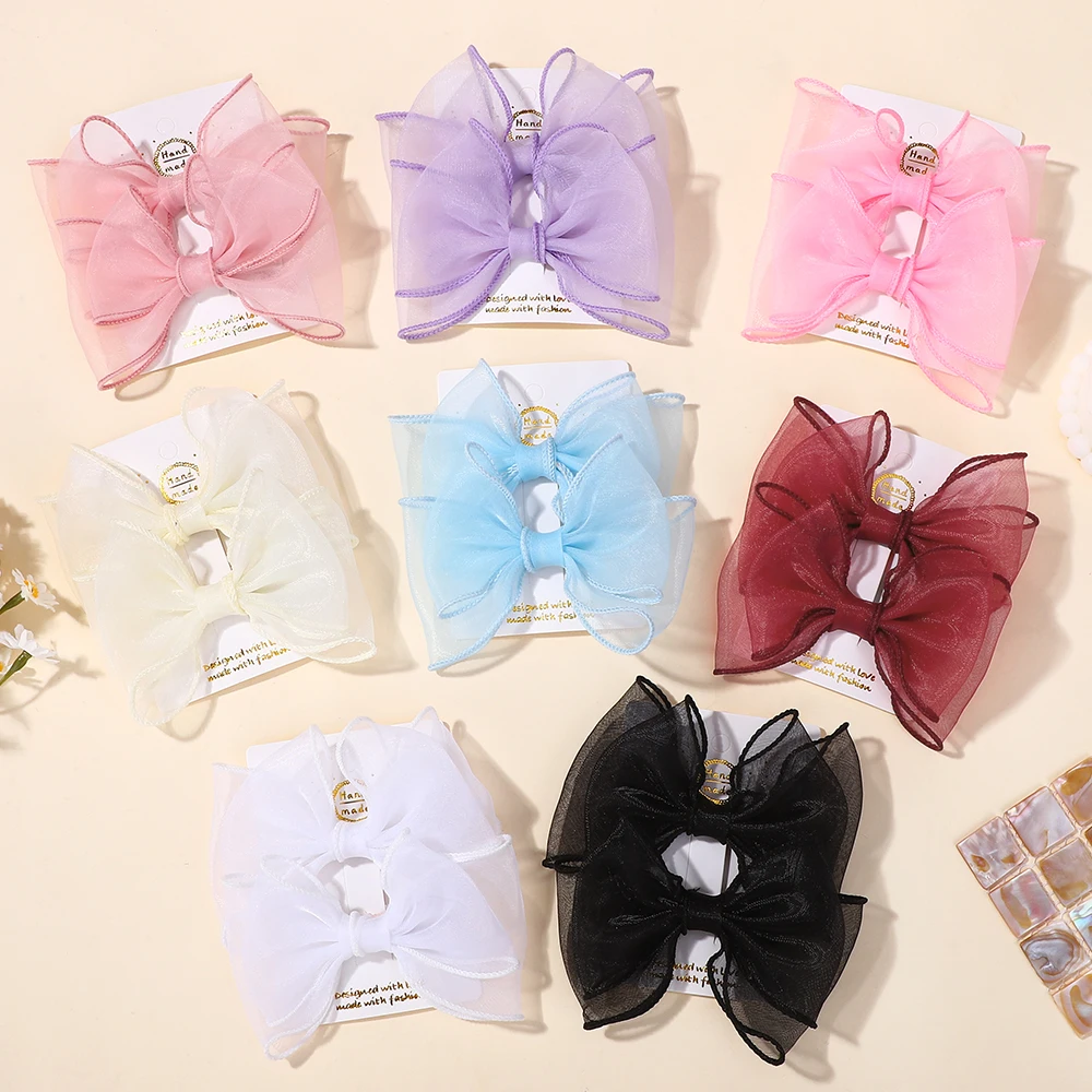 2 unids/set de horquillas con lazo encantador, Clip de lazo de gasa de Color sólido para niños, pinzas para el cabello dulces y suaves, accesorios para el cabello de princesa rosa para niñas - imagen 2