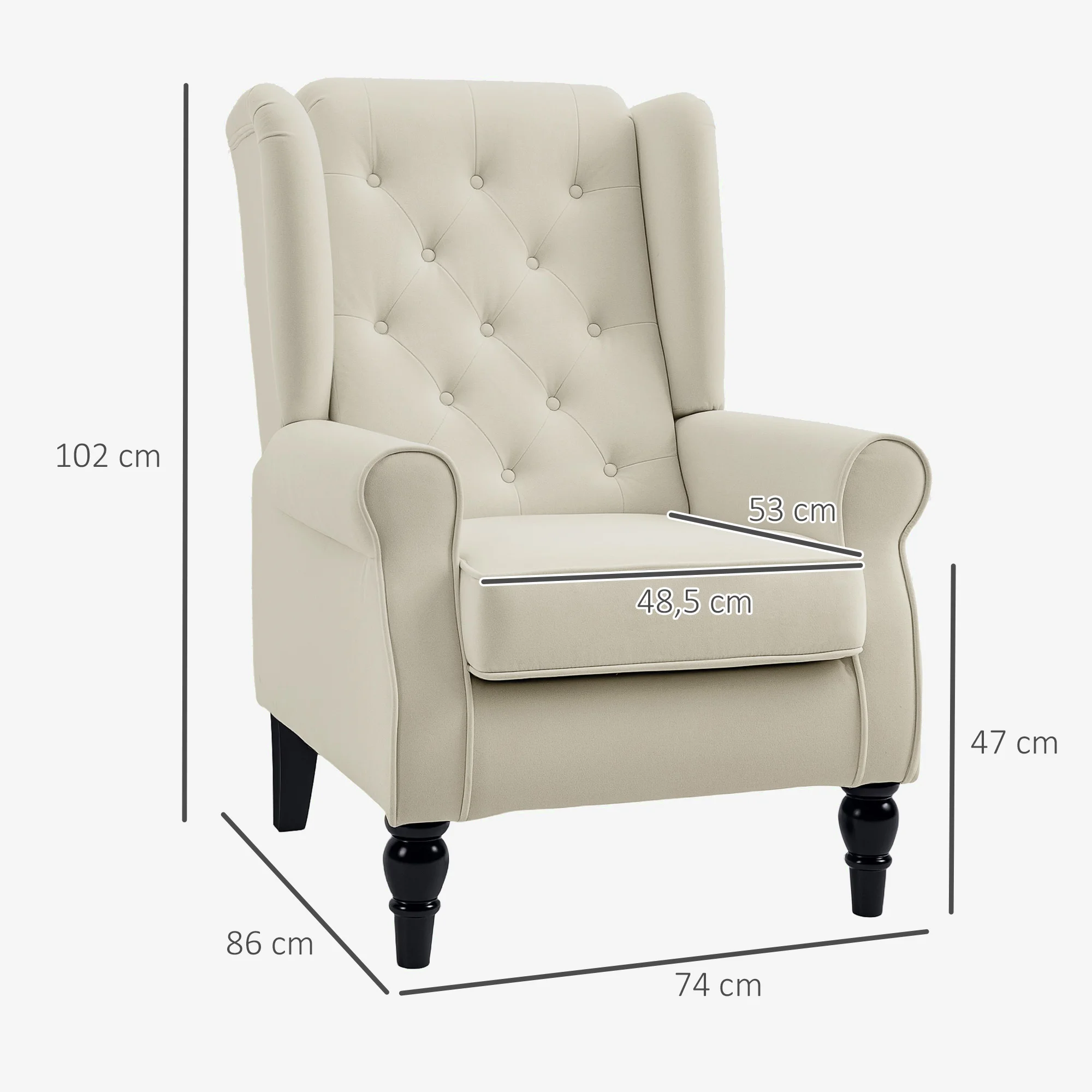 HOMCOM Sillón Orejero Moderno, Butaca de Salón con Reposabrazos y Patas de Madera, Sofá Individual Carga 160 kg para Oficina, Sala de Estar y Dormitorio - imagen 3