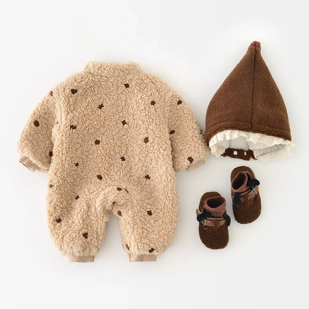Peleles para recién nacidos de moda coreana, mono de invierno para niña, monos gruesos de flores peludas con sombrero - imagen 2