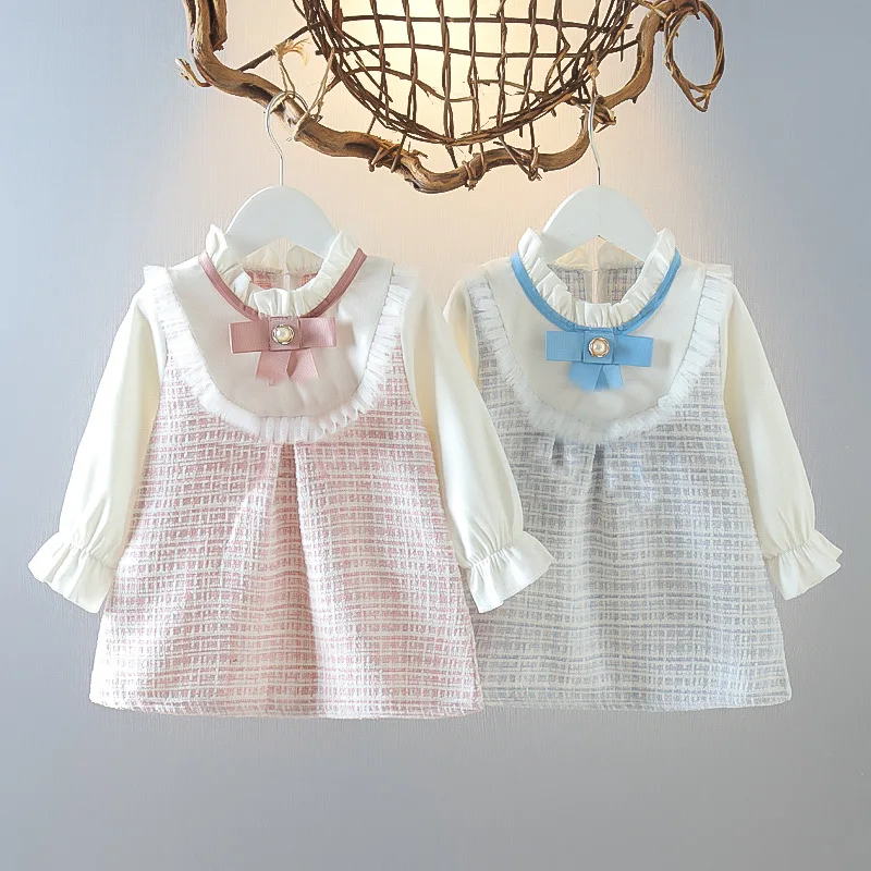 Falda de manga larga para niñas, bonito vestido suelto, ropa exterior, primavera, nuevo estilo coreano, ropa informal para niños, falda con lazo y cuello redondo