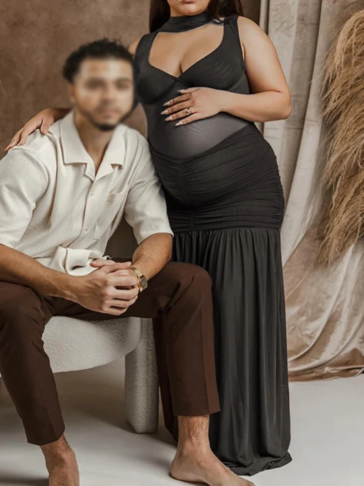 Vestido maternidad negro malla transparente sesión fotográfica embarazo - imagen 5