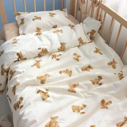 Juego de cama para bebé de 3 uds., sábanas con estampado de dibujos animados de oso de algodón, funda nórdica y fundas de almohada, ropa de cama para cuna de recién nacido, cuatro estaciones