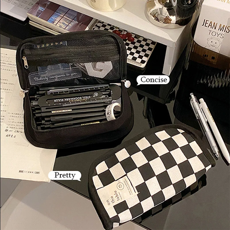 Estuche de lápices Kawaii a cuadros, caja de bolígrafos portátil de gran capacidad, suministros de oficina para volver a la escuela, papelería de almacenamiento de maquillaje coreano - imagen 3